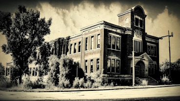 Picture in old style format depicting a run down and overgrown two story brick school building