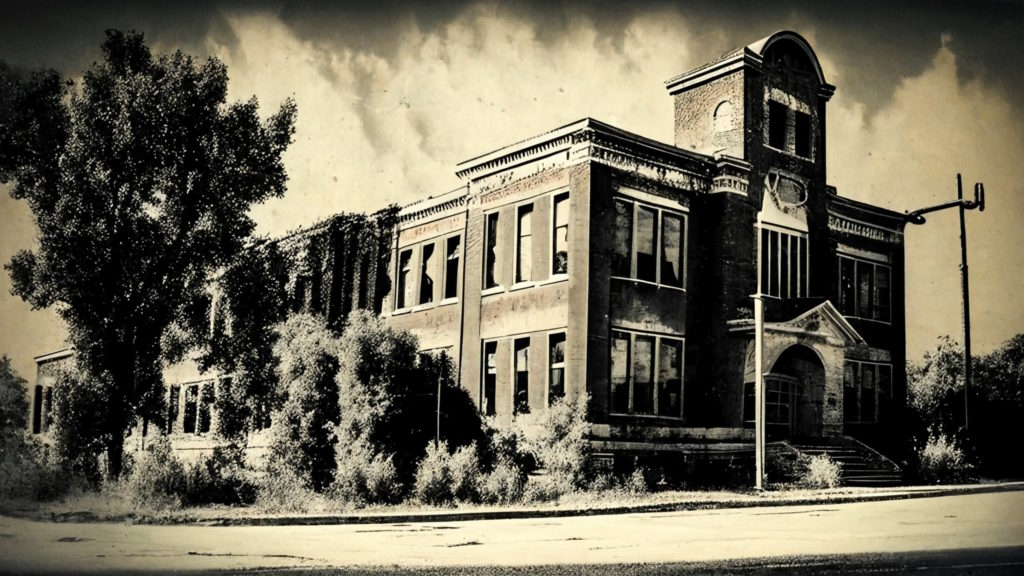 Picture in old style format depicting a run down and overgrown two story brick school building