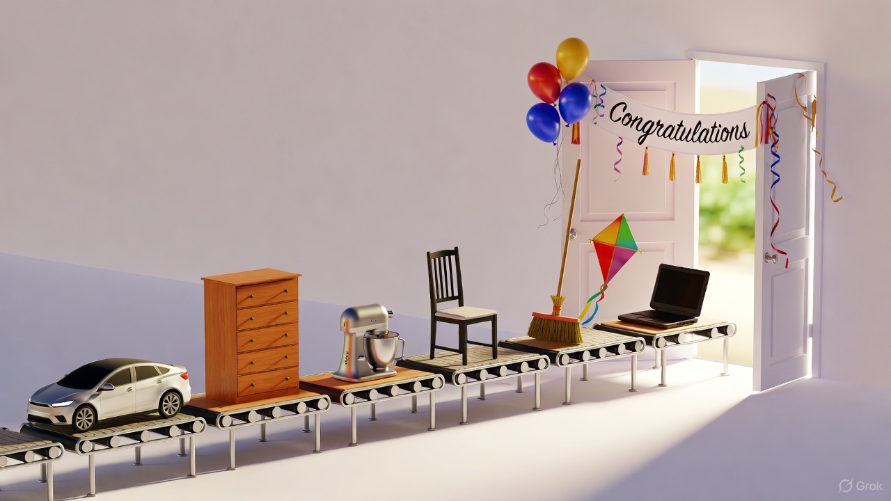 Assembly line of unique products moving toward an open door decorated with a banner that reads 'Congratulations'