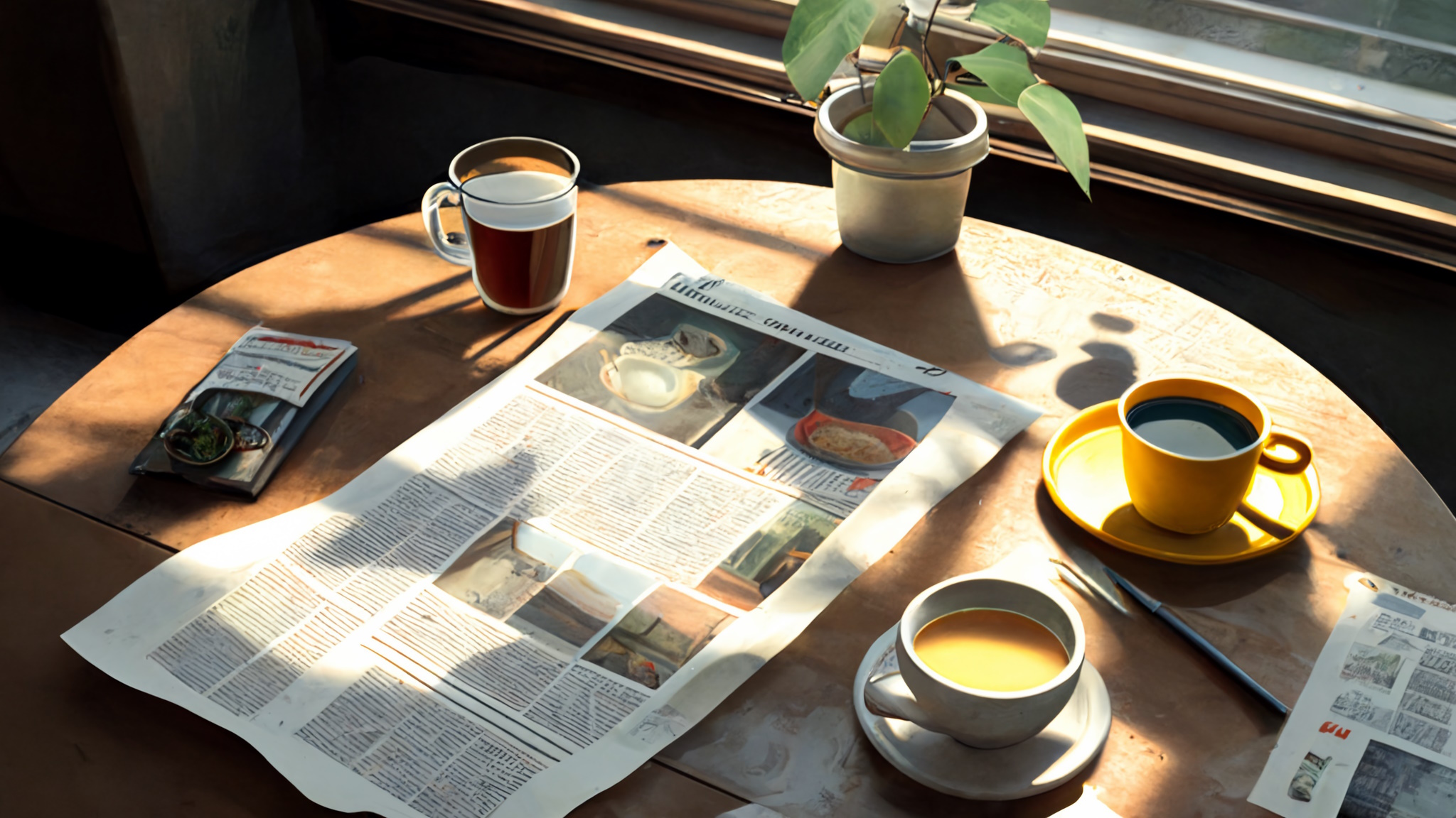 Kitchen table lit by morning sunlight, with a newspaper, coffee, and small plant on it