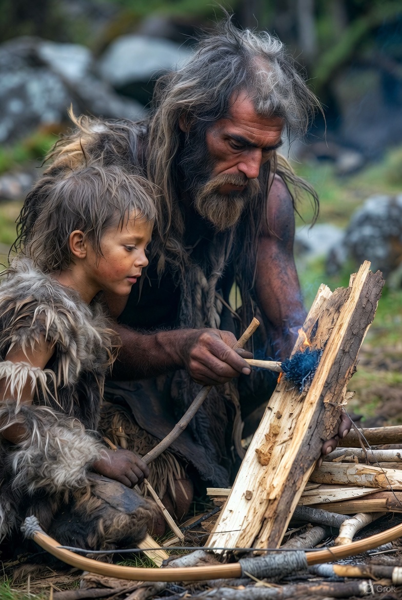 Caveman demonstrating to son how to make fire.