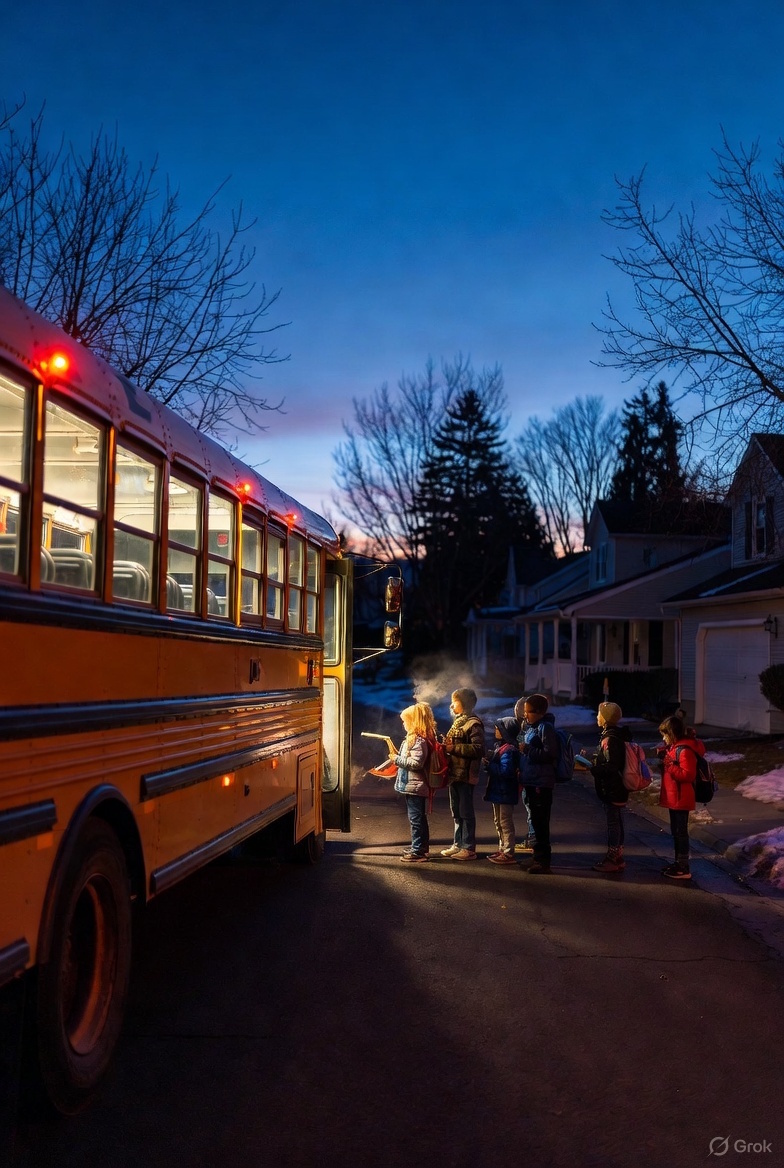 Children lined up to board school bus on cold November morning