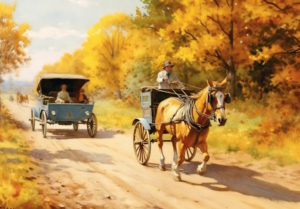 Horseless carriage about to pass a horse drawn carriage on a country road in the early 1900s