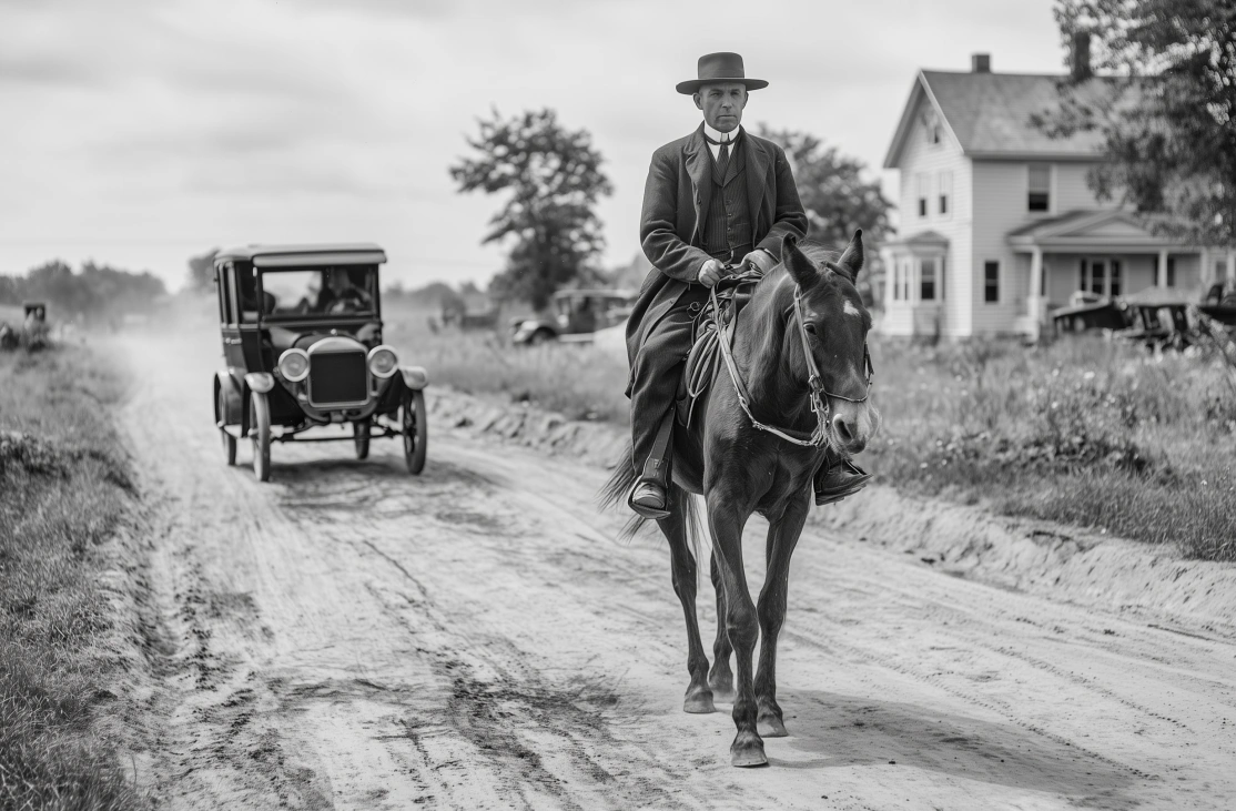 Horseless carriage about to pass a horse drawn carriage on a country road in the early 1900s