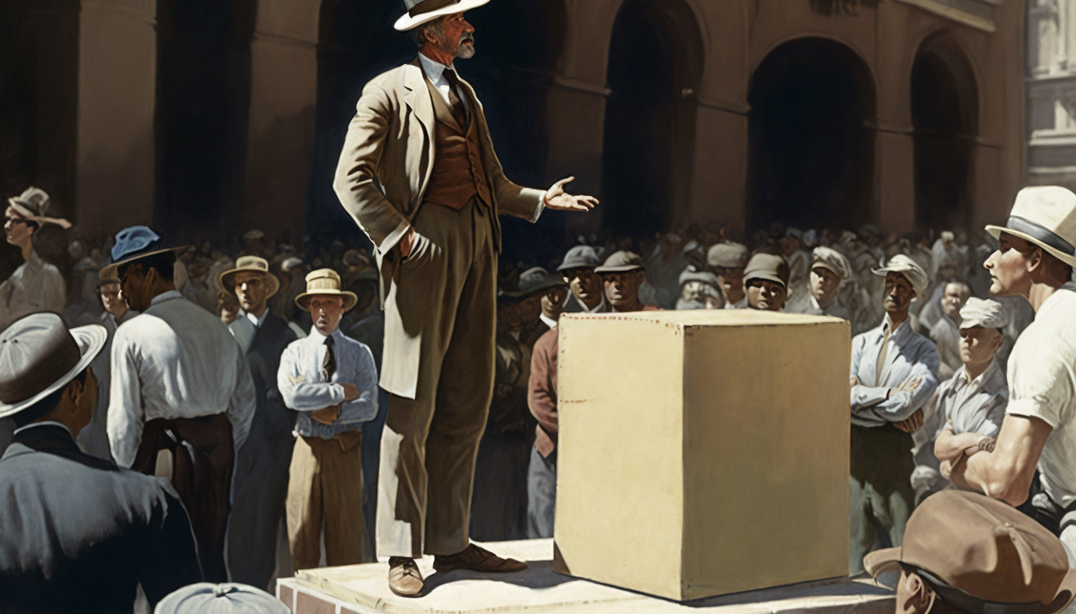 Man standing on platform speaking to crowd in town square, circa 1930s