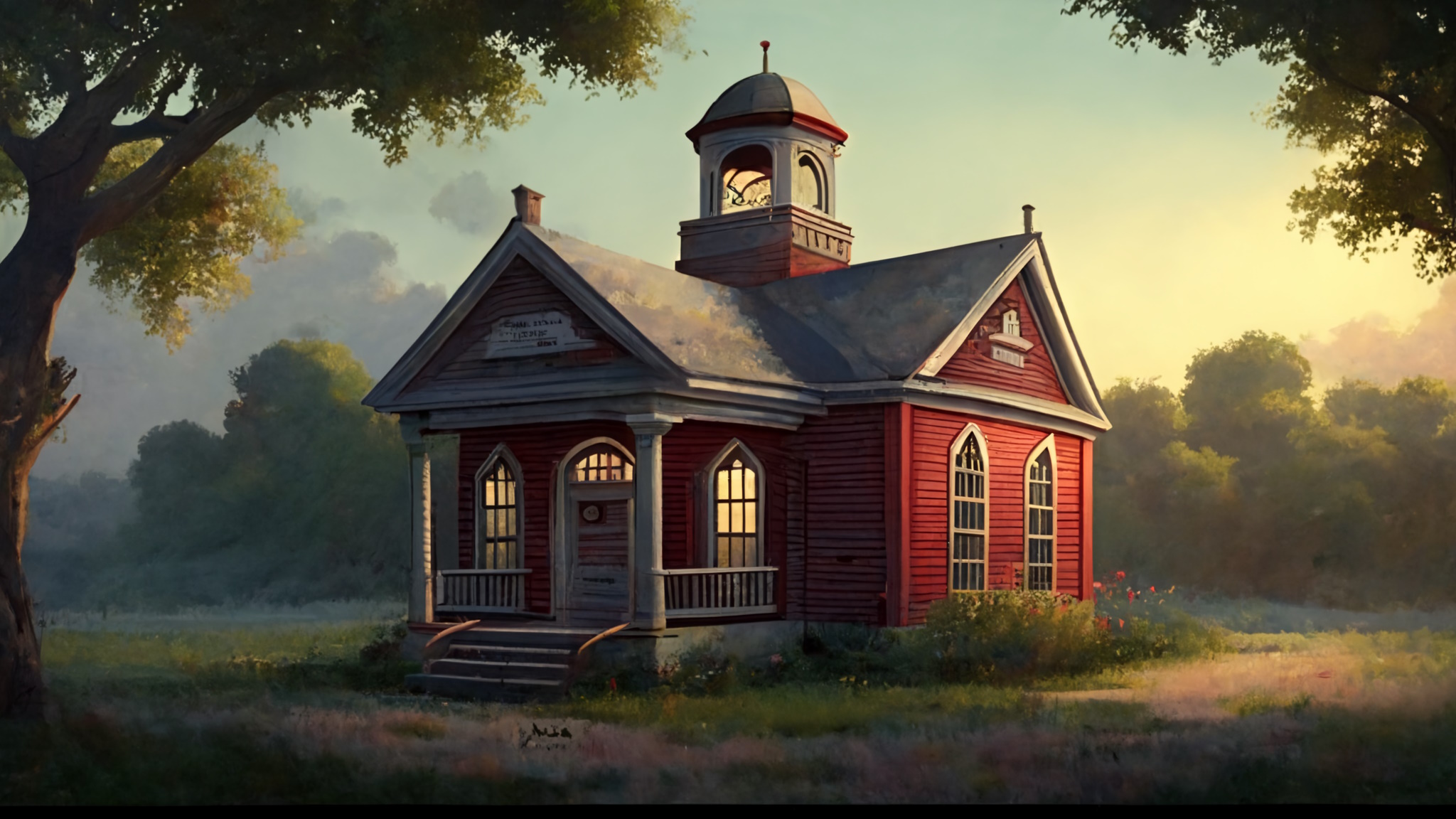 Colorful rendering of a very small one room schoolhouse in a small field with forest in the background