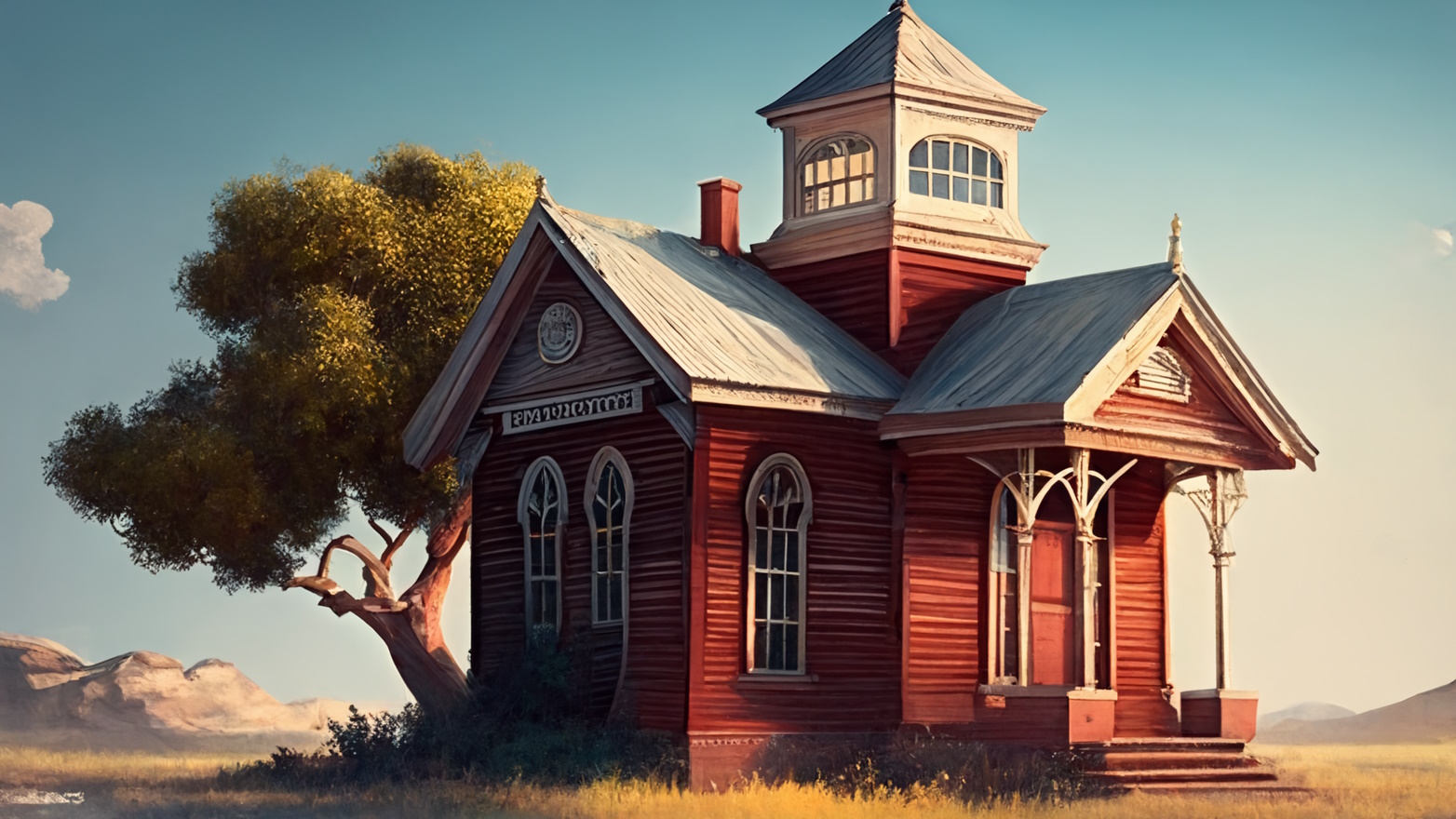 Rendering of a small old schoolhouse on the plains with mountains in the background