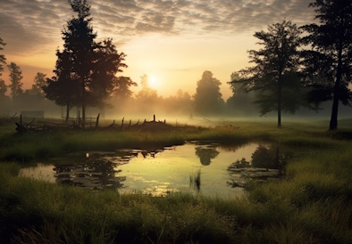 Pasture with pond in foreground, shown at sunrise with mist over the field.