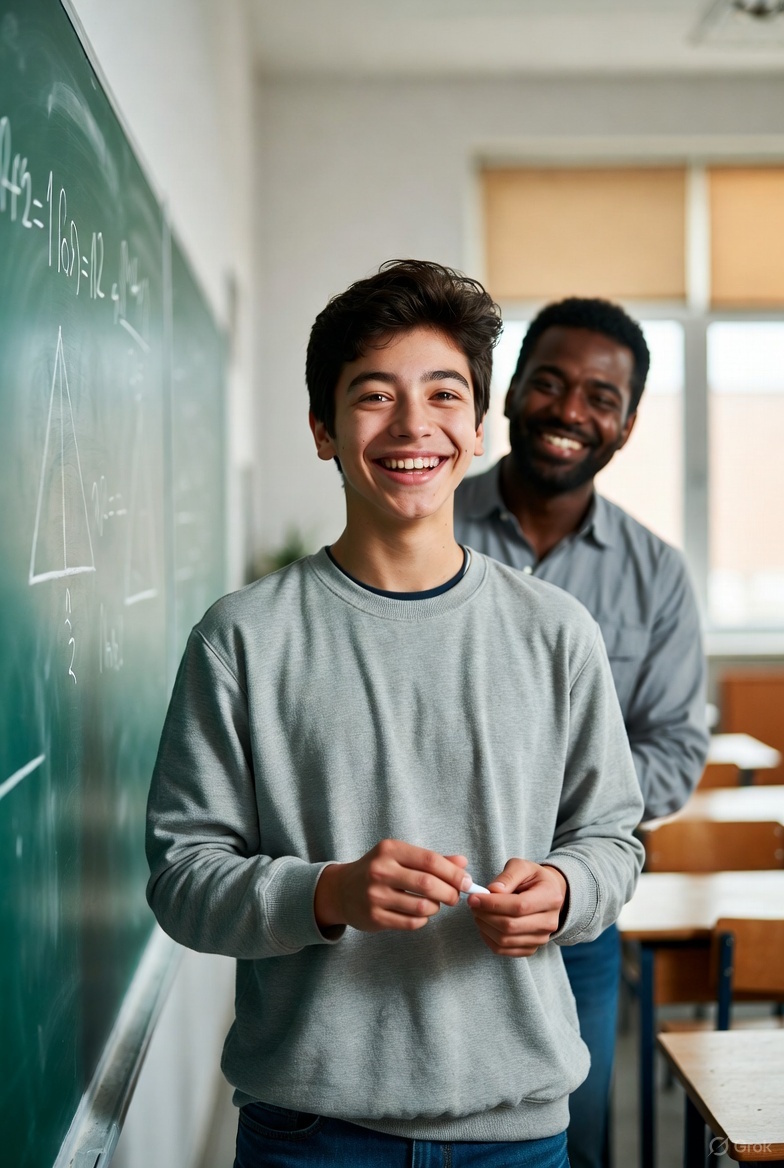 Student happy for having solved problem in classroom