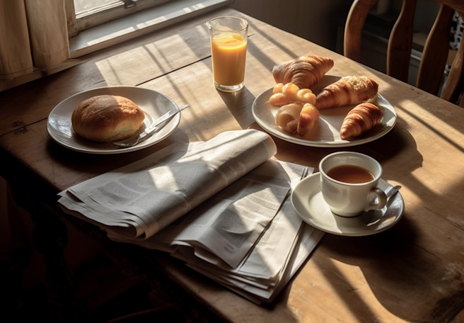 Table set for breakfast with coffee and newspaper