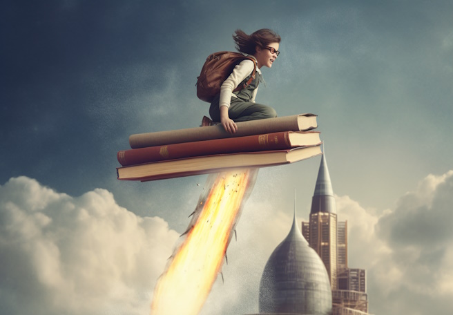 Teen girl sitting on stack of three books that are rocketing into the sky.