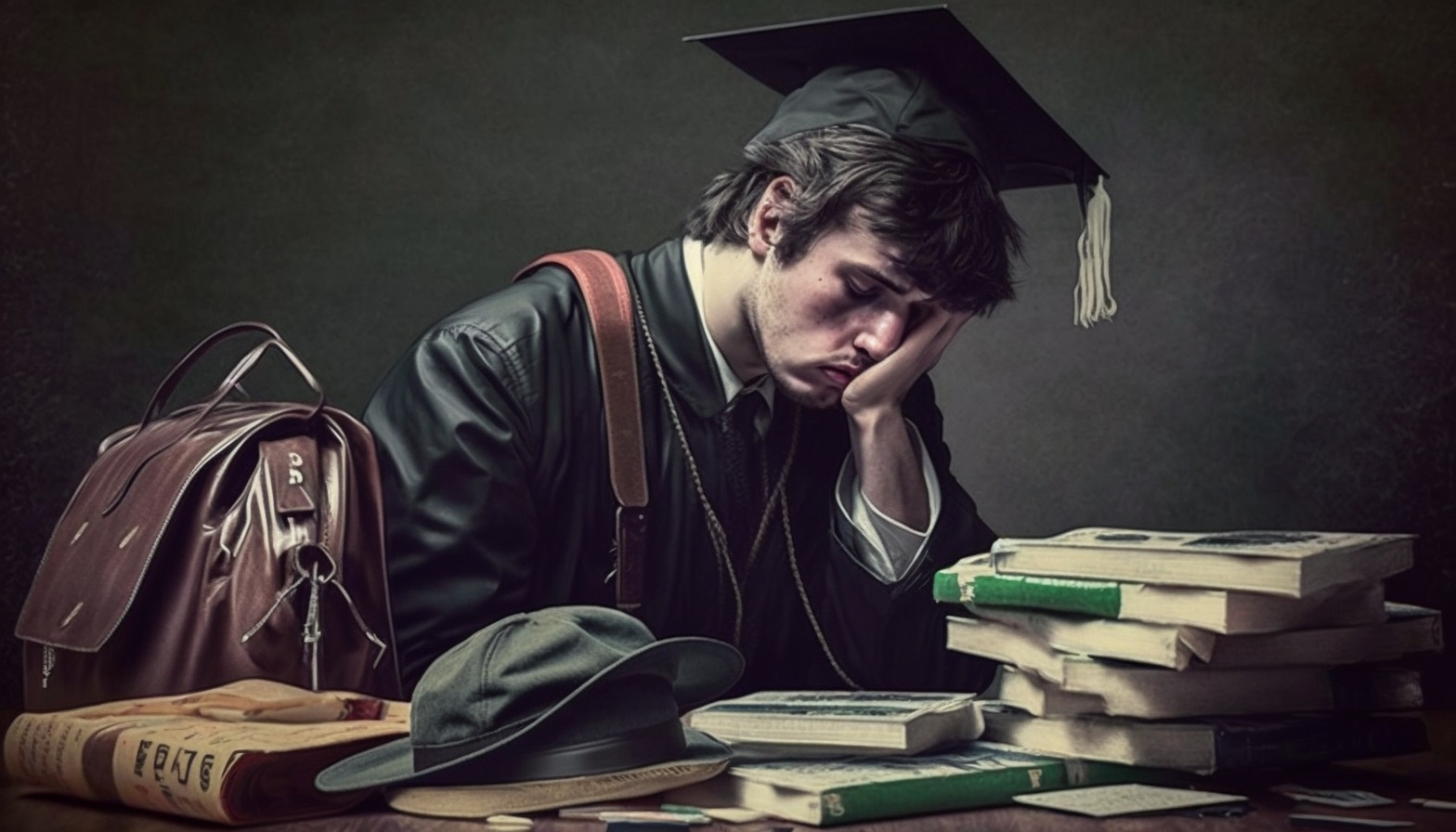 Depressed graduated student holding his head in his hand