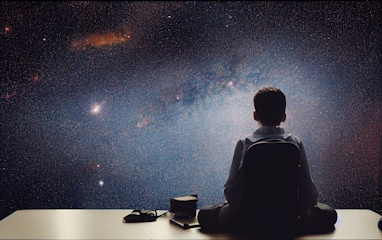 Boy sitting on desk looking at vast expanse of space