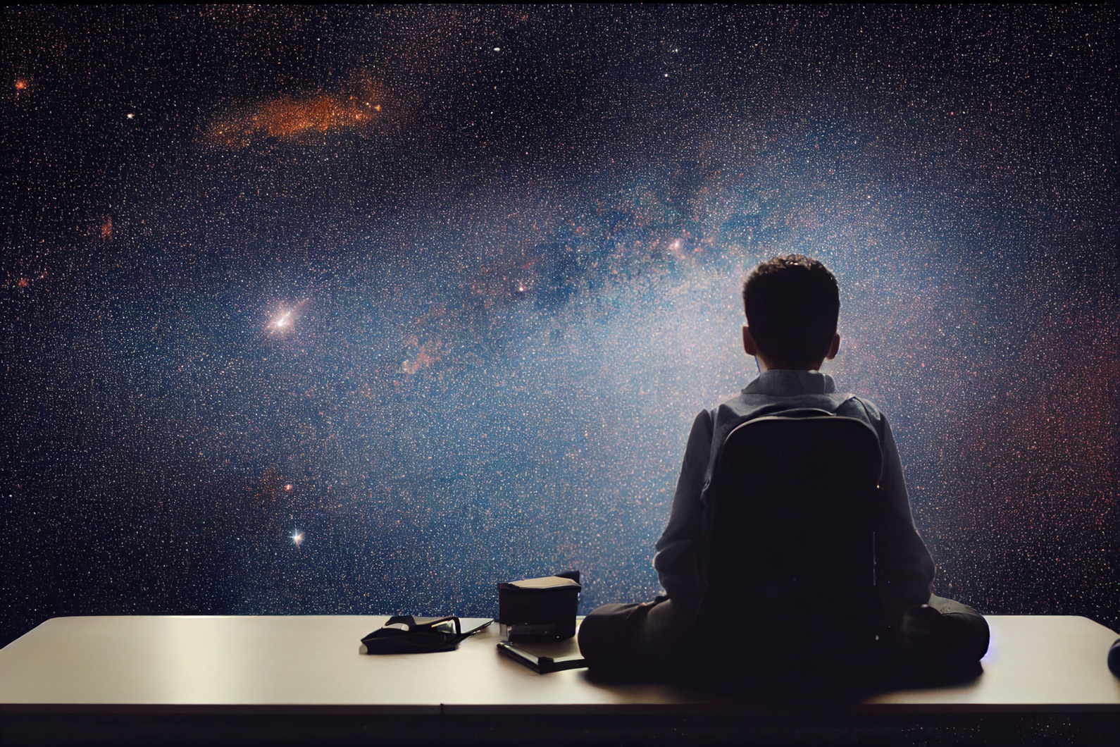 Boy sitting on desk looking at vast expanse of space